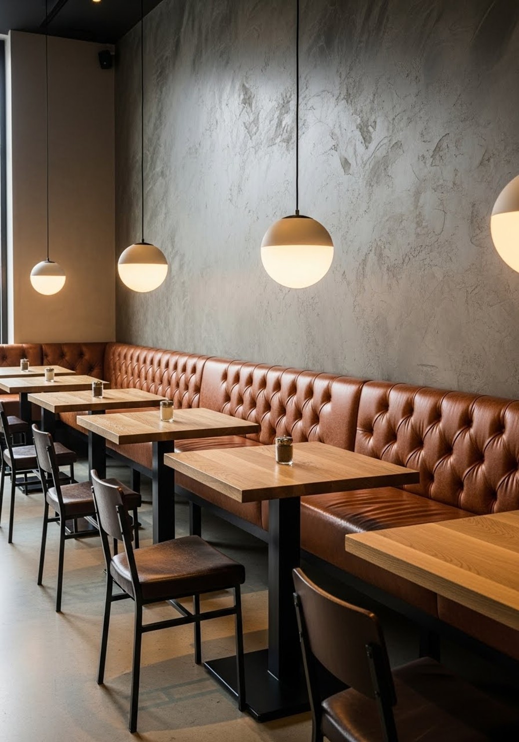 Commercial restaurant interior with banquette seating