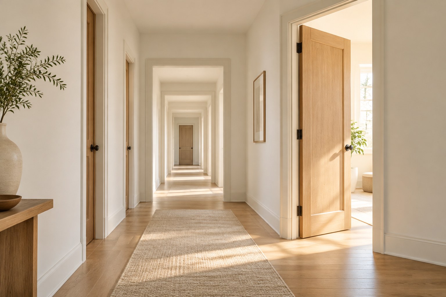 Bright hallway of closed doors with one door open, warm daylight streaming through it.