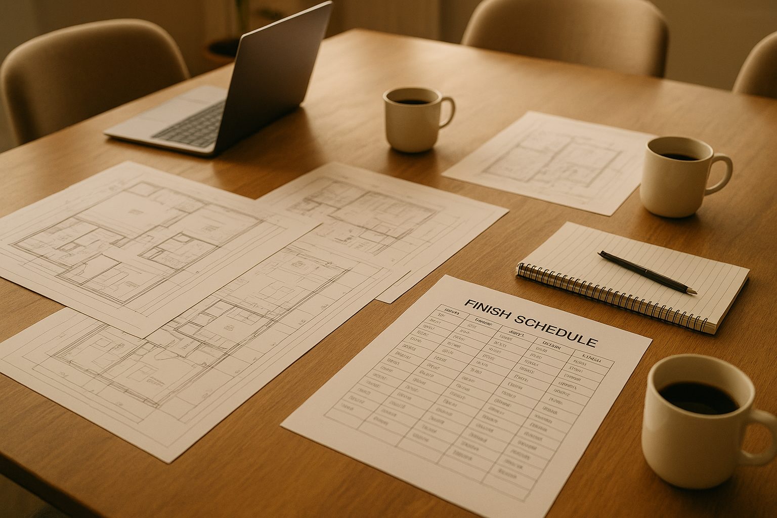 Architectural drawings and a finish schedule spread across a conference table with a laptop, notepad, and coffee cups, suggesting a working preconstruction meeting. Warm natural light, professional and approachable mood. No people needed — the documents and the working session tell the story.