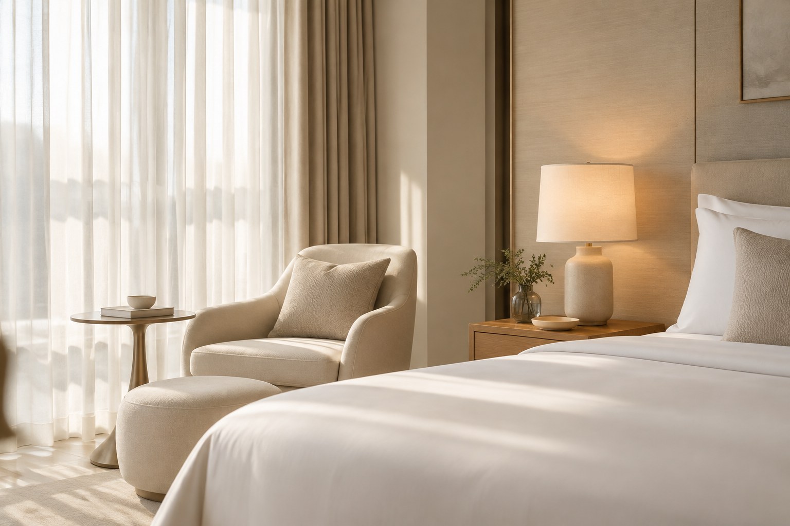 Serene hotel suite corner with crisp bedding, an armchair, and one warm glowing bedside lamp.