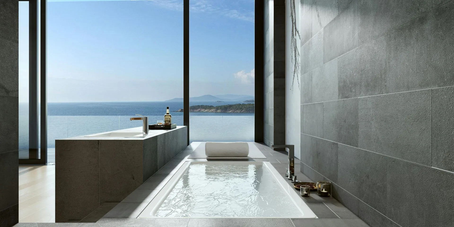 Luxury hotel bathroom with modern fixtures and natural lighting