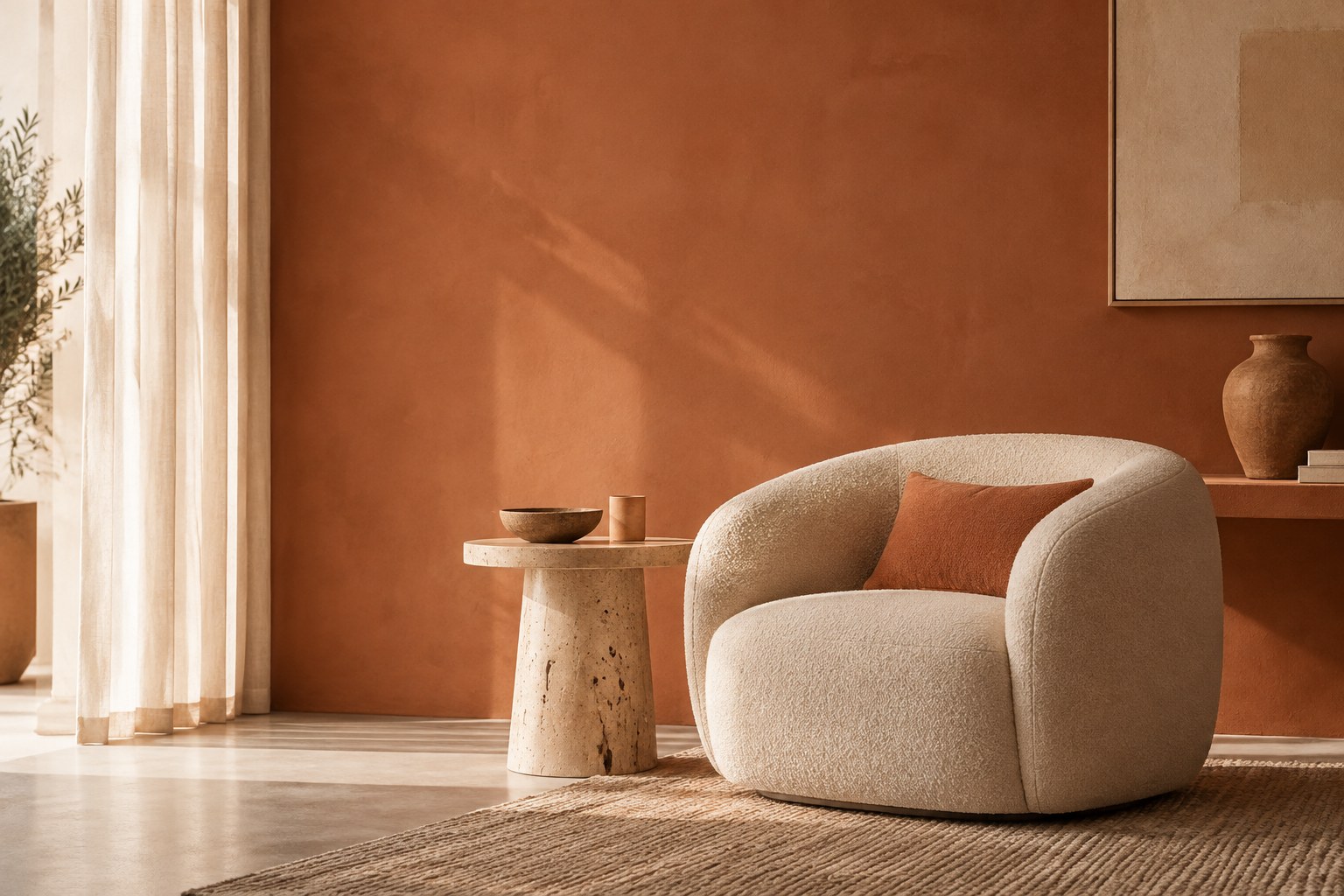 Terracotta plaster corner with a cream boucle armchair and travertine side table in one cohesive palette.