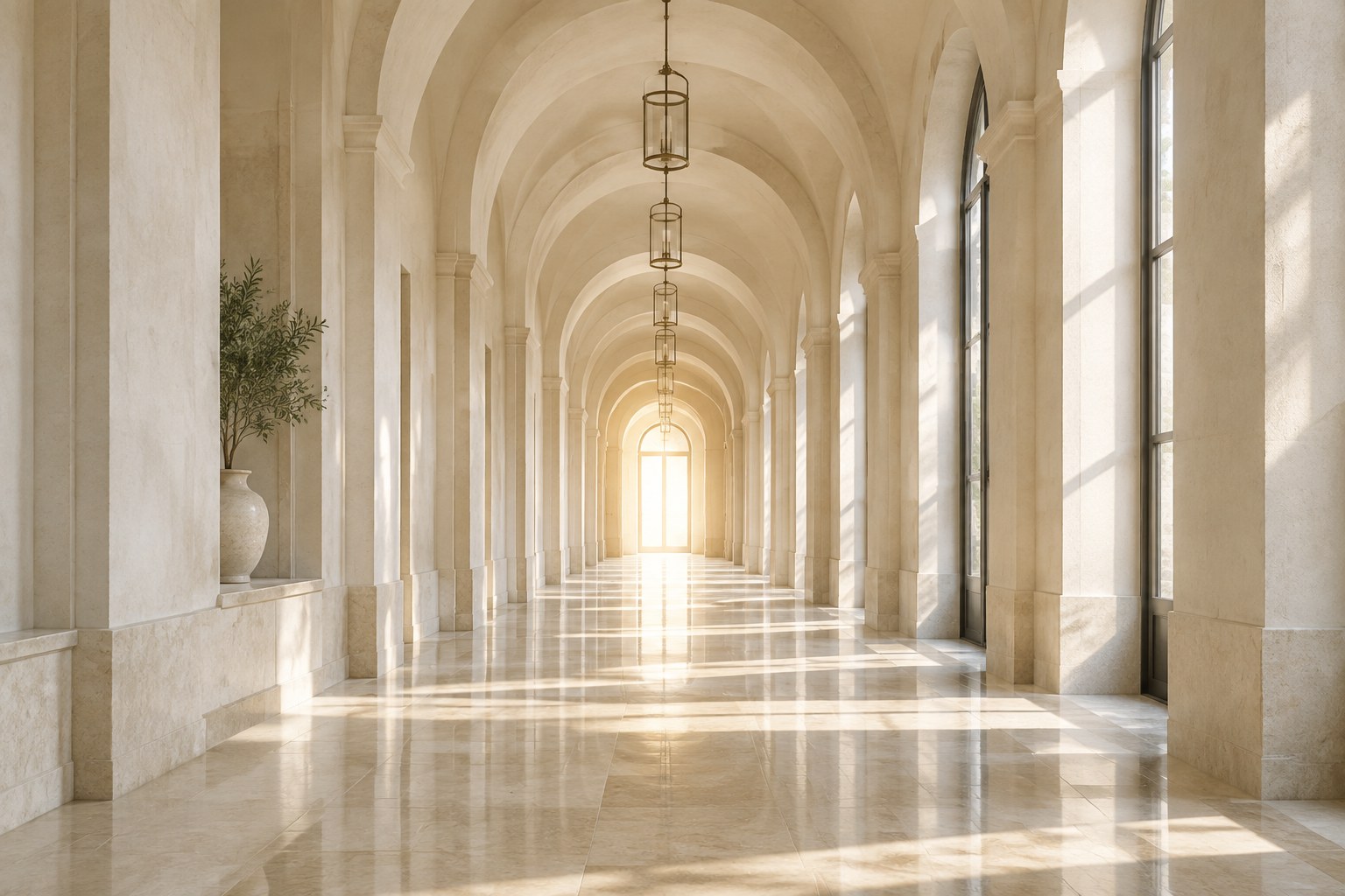 Long arched corridor converging toward one bright doorway at the far end.