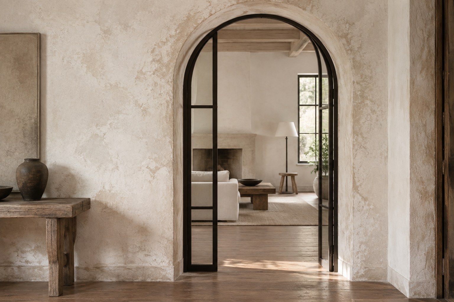 Vintage arched doorway with a crisp new black steel frame fitted precisely inside it.