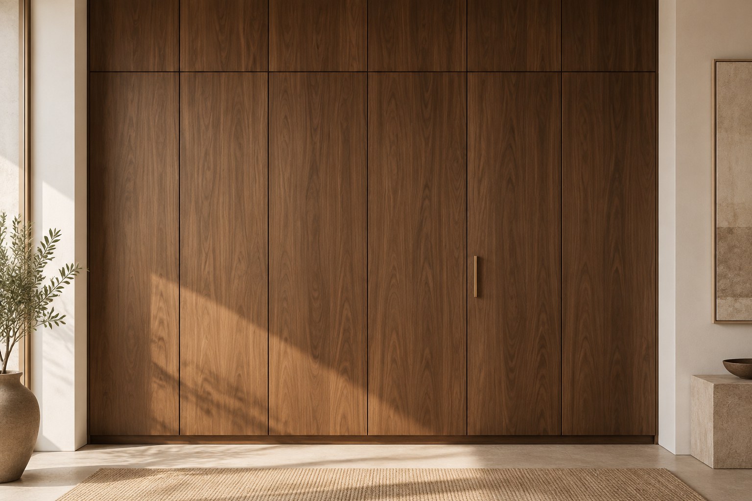 Walnut millwork wall with one bronze pull — the detail someone had to own.