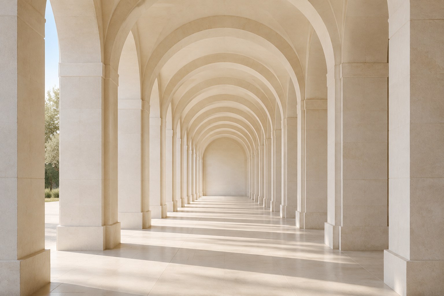 Identical pale arches receding in perfect rhythm — many hands, one order.