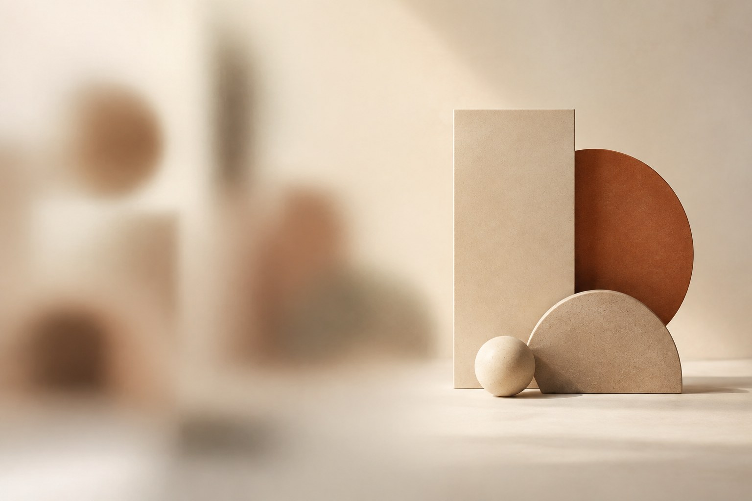 Blurred forms resolving into a crisp composed arrangement — a prompt bringing design into focus.