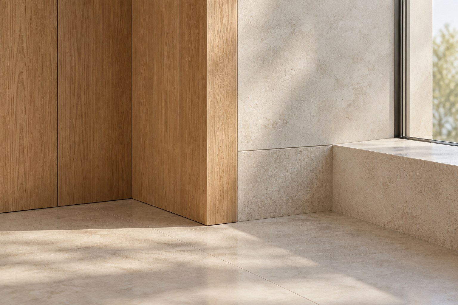 Oak paneling meeting honed stone in one perfectly resolved corner joint.