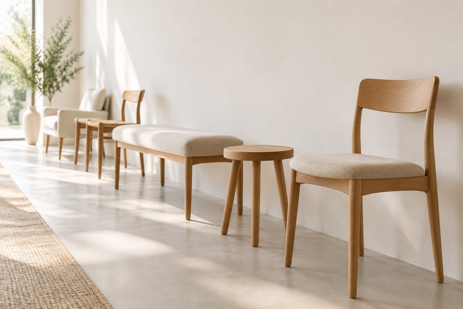 An orderly lineup of furniture pieces receding along a bright wall — the schedule as a sequence.