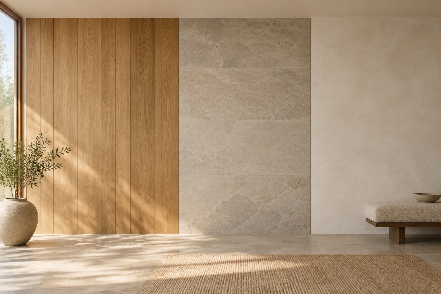 One long wall transitioning oak to stone to plaster in sequence — decisions in dependency order.