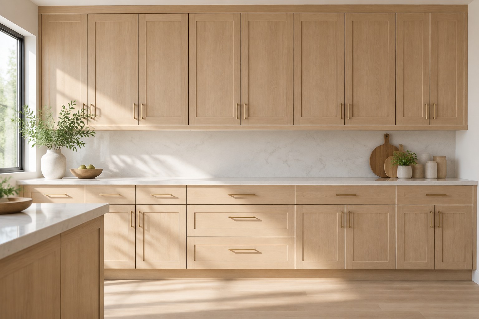 A complete run of identical pale oak kitchen cabinet fronts, every door in place and aligned.