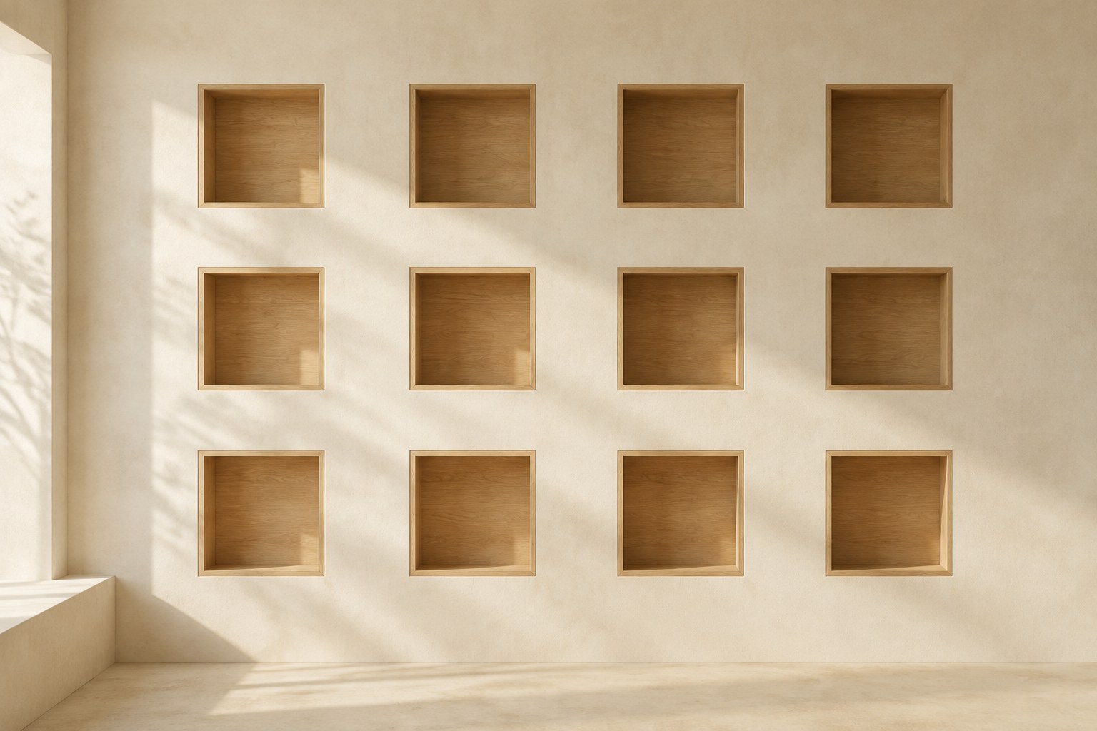 A warm minimal interior wall in pale plaster with a measured grid of shallow oak insets, each inset identical and evenly spaced, soft daylight raking across the surface — one repeated element, defined once, appearing consistently everywhere it is used.