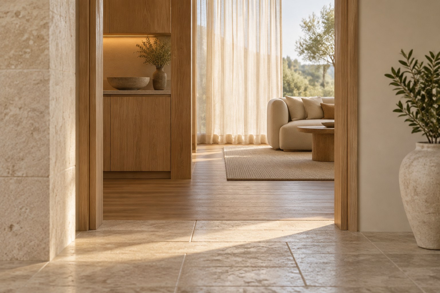 A calm interior seen in layers — stone tile at the threshold, warm oak cabinetry beyond, and a tall window veiled by a soft linen curtain in the distance — the phases of a project arriving in sequence.