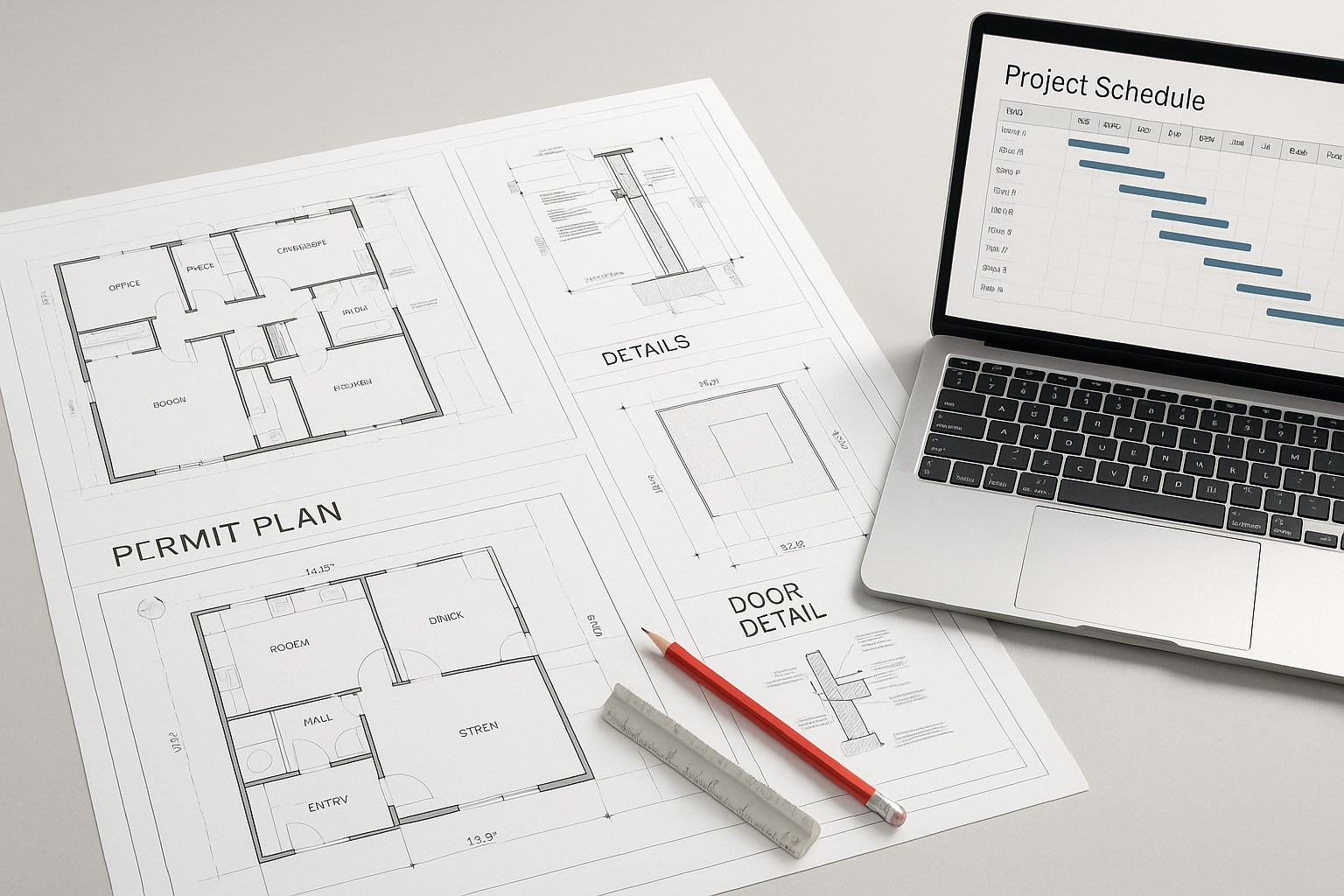 A clean, organized permit plan set spread on a desk — floor plans, site plan, and detail sheets with a scale ruler and red pencil — beside a laptop showing a project schedule. Bright, professional studio light, orderly and precise mood, no people.