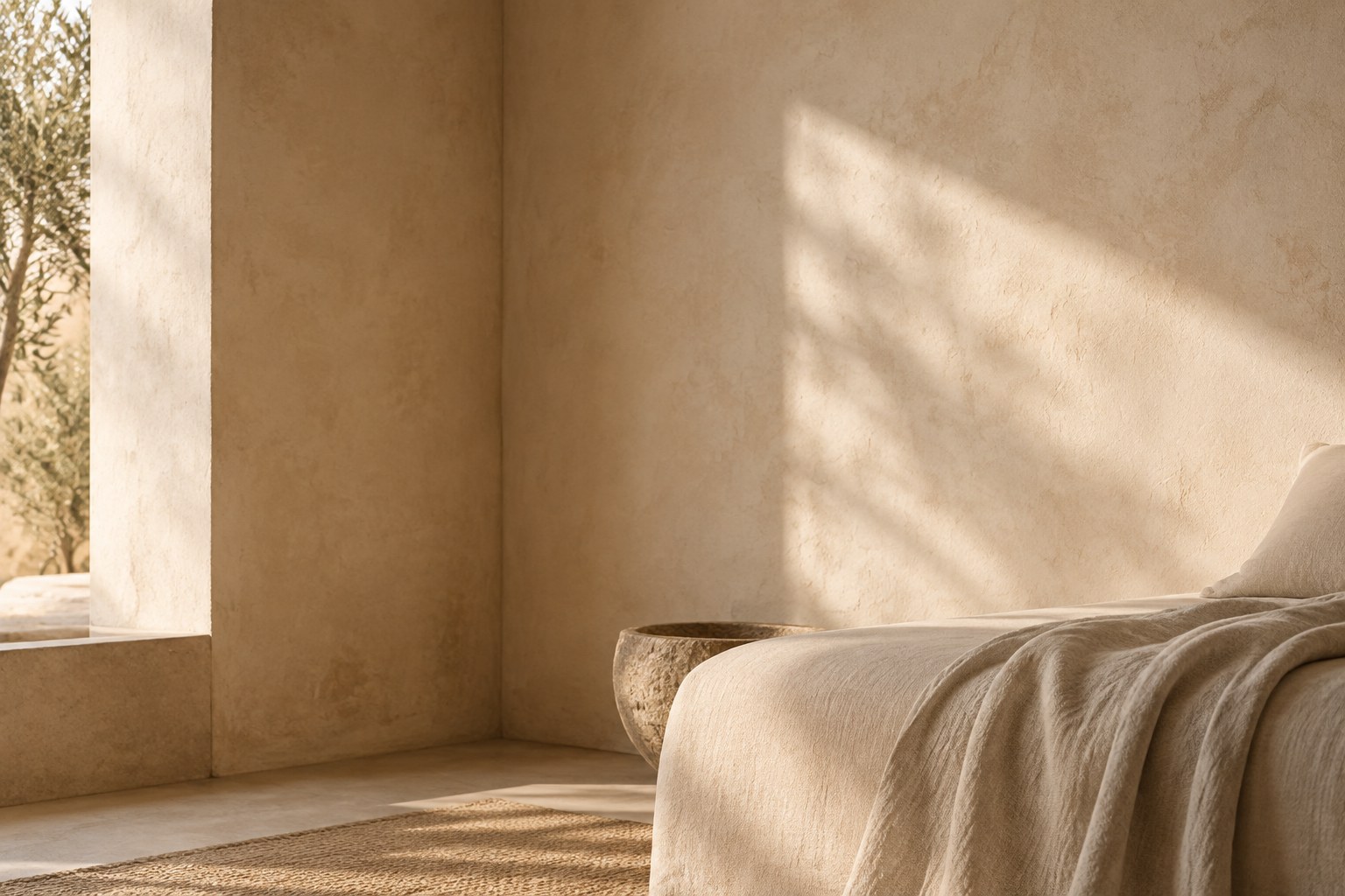 A serene limewash-plaster corner where daylight rakes across the wall and a linen-draped daybed enters the frame.