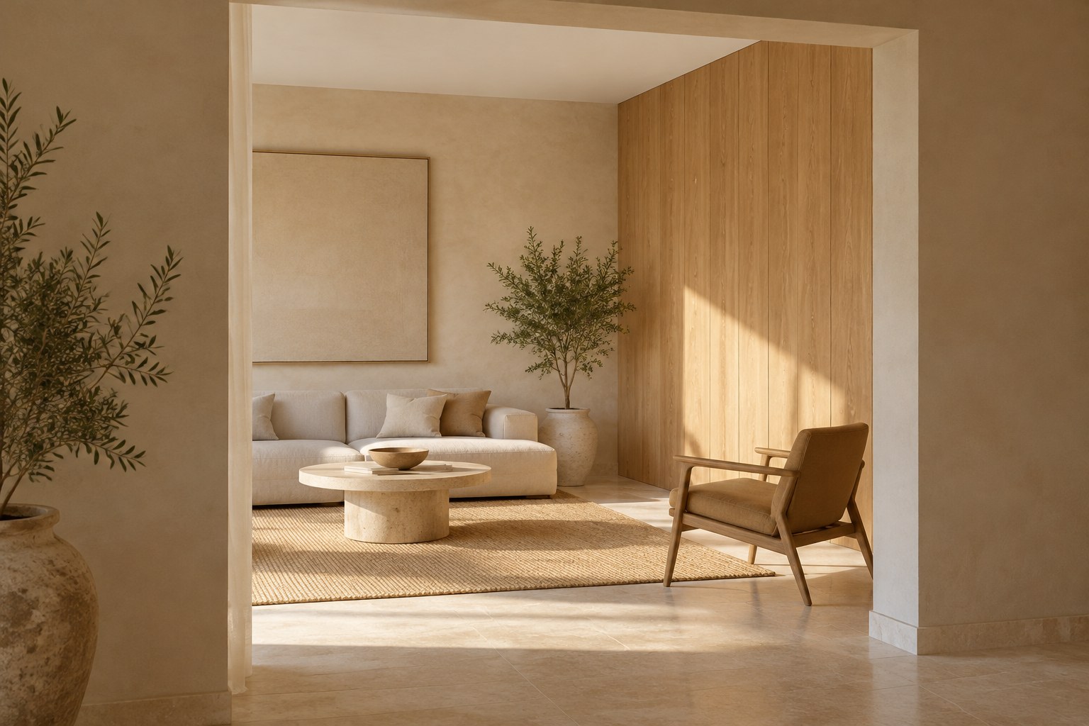 A calm finished interior viewed through a wide doorway, one wall in warm plaster and the adjoining wall in pale oak paneling, soft daylight marking the line where the two finishes meet — a completed project, cleanly documented.