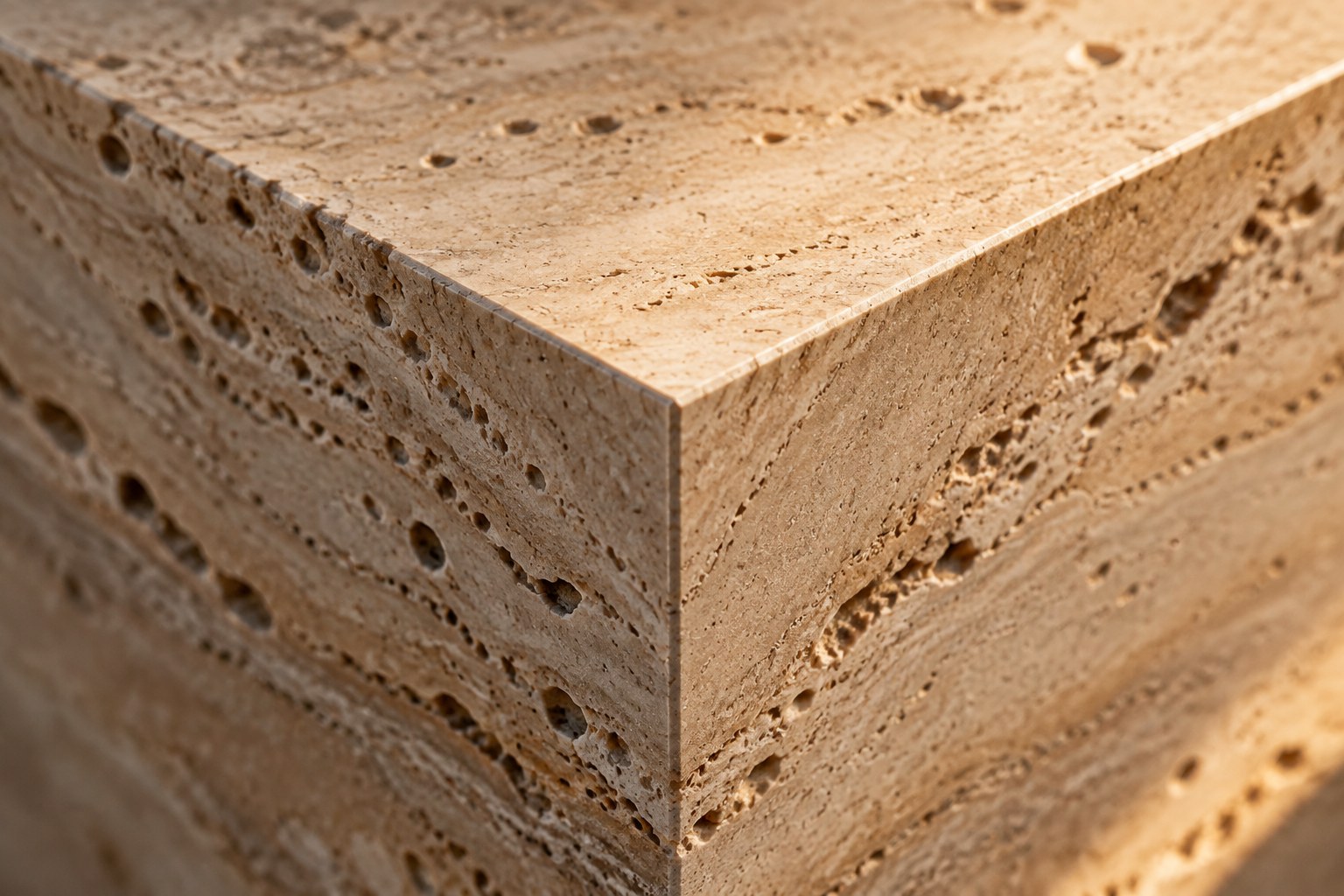 An extreme close-up of a perfectly mitered travertine corner joint.