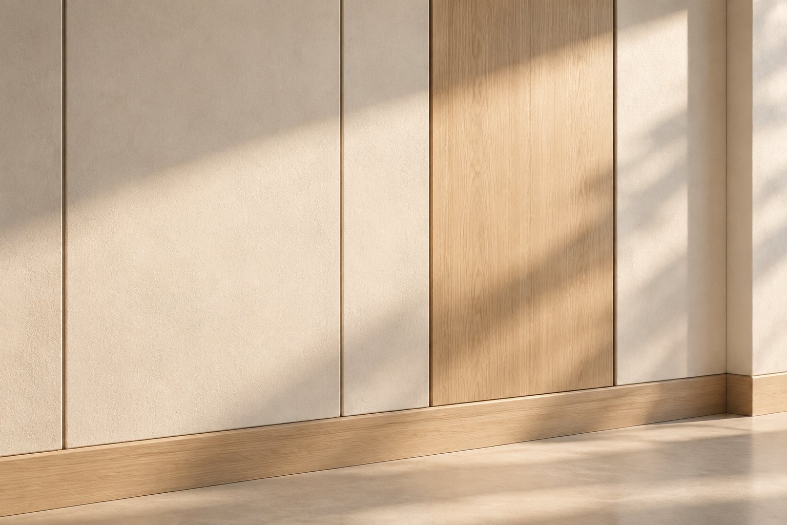 A warm minimal interior detail in pale plaster and oak, one panel section subtly set apart from the rest by a fine shadow line, soft daylight falling across the change — something on this wall was revised, and the eye is drawn to exactly where.