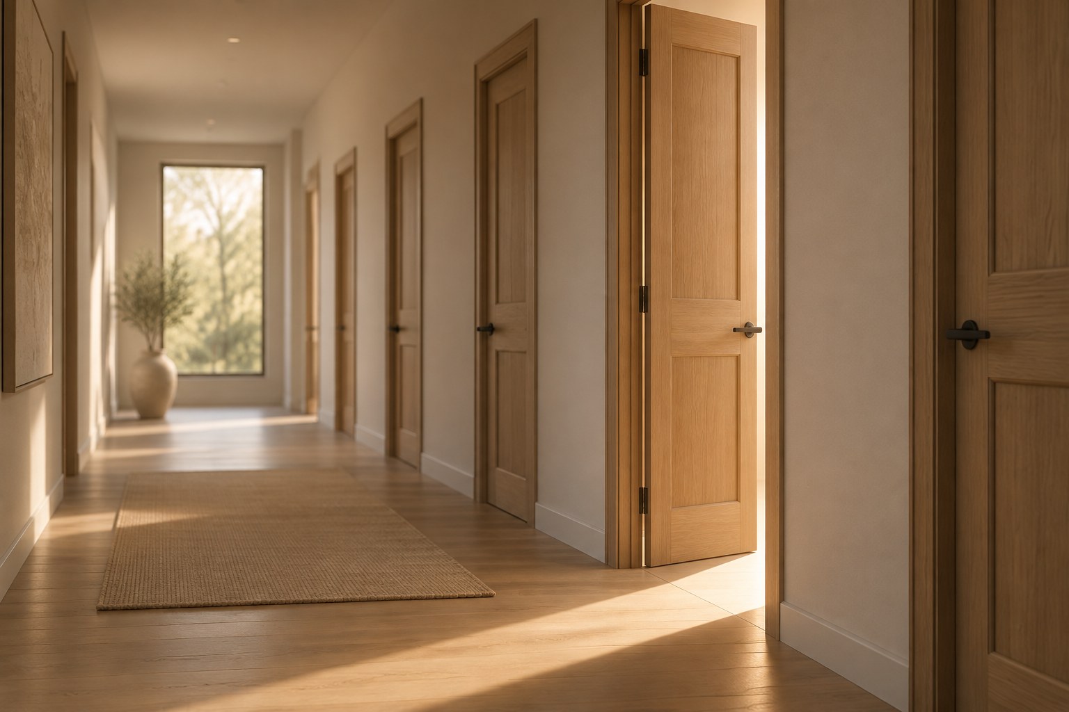 A quiet gallery hallway lined with closed warm oak doors receding softly out of focus; a single door stands slightly ajar, letting in a blade of soft morning light — a visual pause before the next revision cycle.