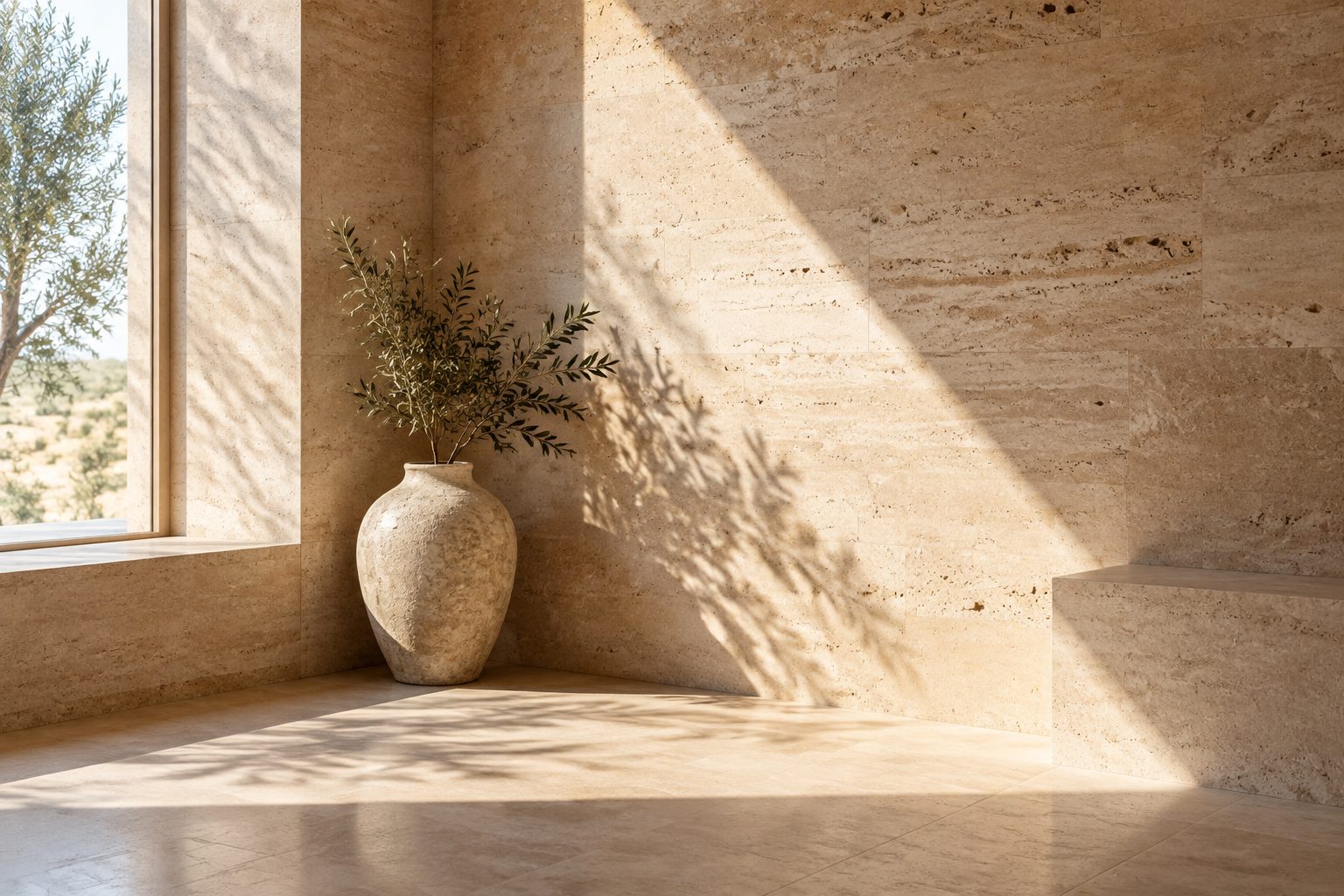 A single shaft of daylight cutting diagonally across an empty travertine corner.